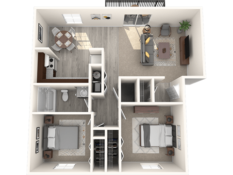 3d rendering of a two bedroom one bath apartment floor plan at Addison on Main